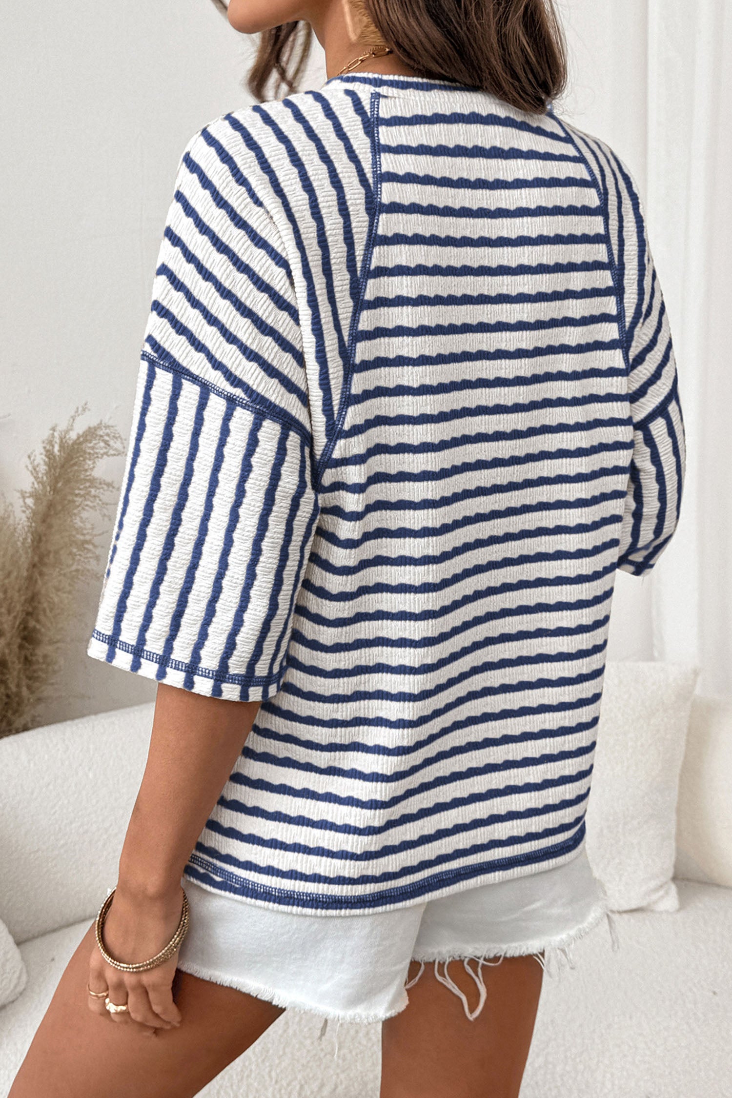 Sky Blue Stripe Textured Knit Split Hem Half Sleeve Loose Top 6d69489ddf1af004