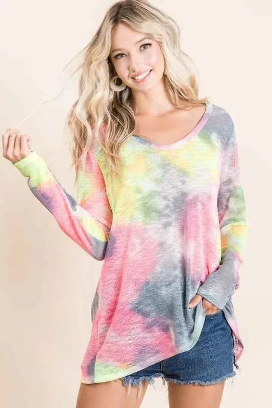 Tie Dye Print Low Gauge Knit Top NEON PINK GREY 6d6a5597796c43aab2f11dd6e1cfbe2d-Max-Origin