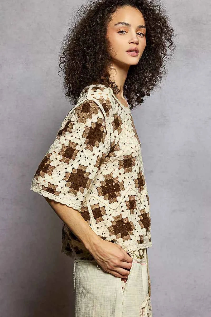 Round Neck Short Sleeve Color Pattern Crochet Top with Border Accents 6d6b9024-6d53-40d8-9939-1c5f80253737-Max-Origin