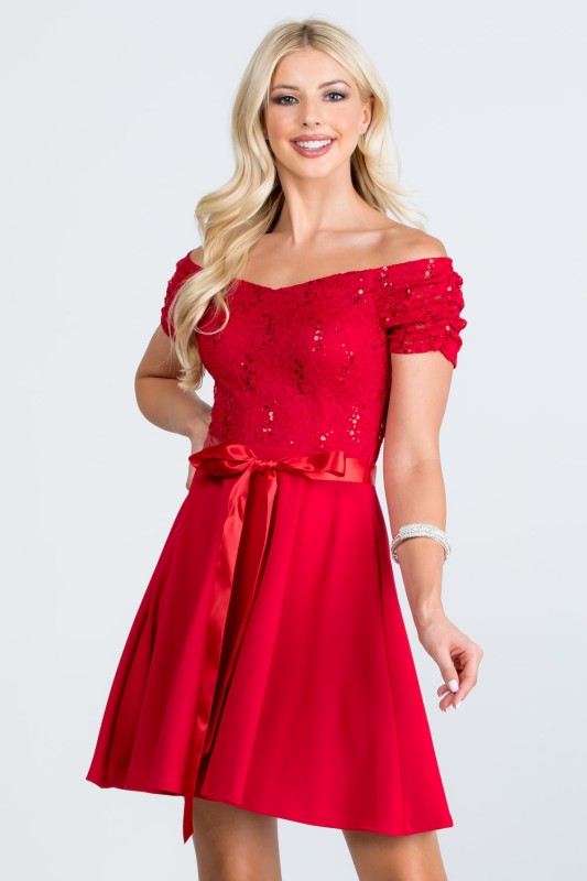 Plus Size Off Shoulder Fit & Flare Dress – Lace Sleeve Party Dress Red 6d70ca01-c3b8-4d4c-9ca1-a52c4603a9ef