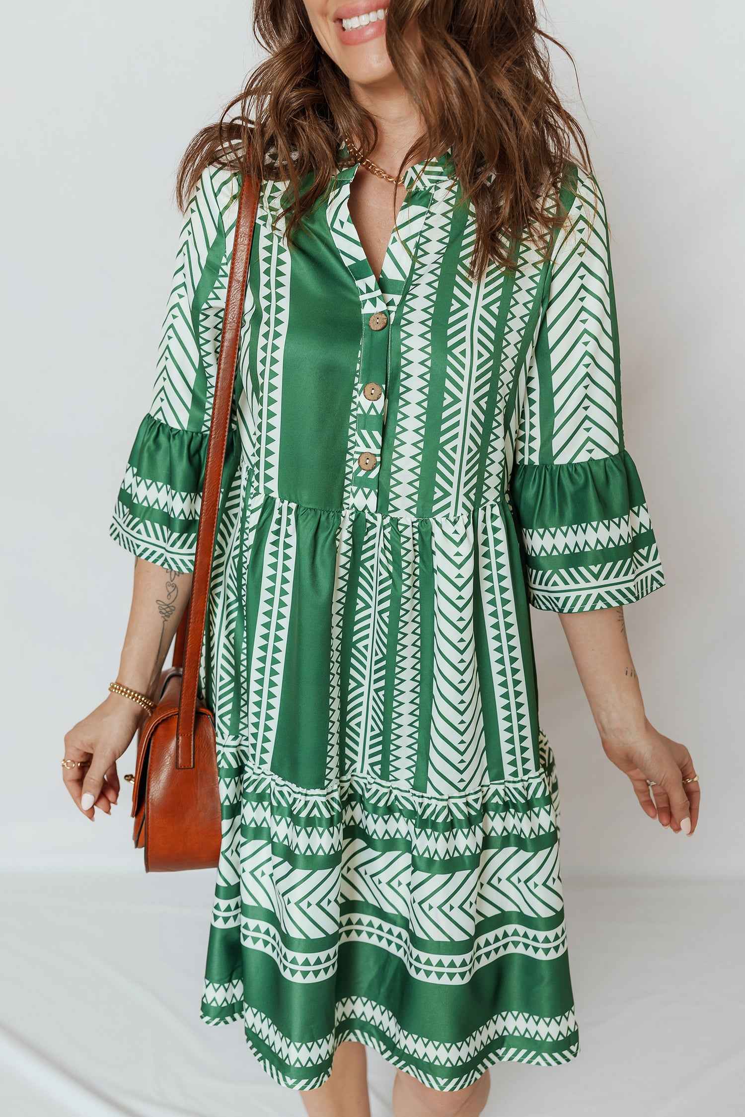 Green Boho Ethnic Print Half Button 3/4 Sleeve Casual Dress 6d7ca1d07289f324