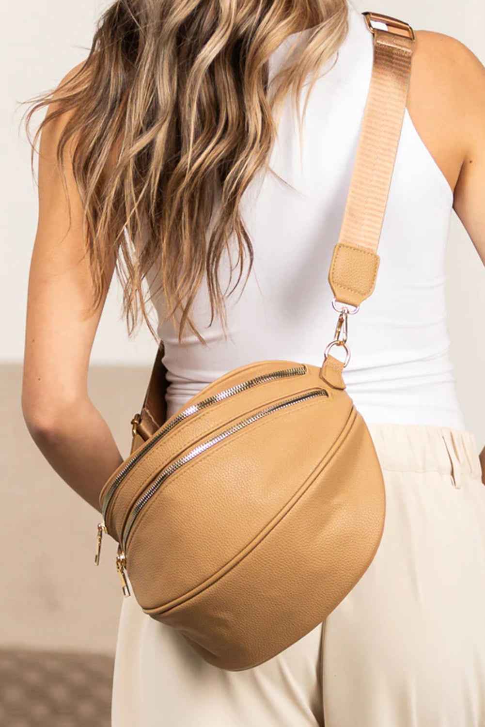 Cinnamon PU Leather Double Zipper Crossbody Bag 6d7e0deacad670c9