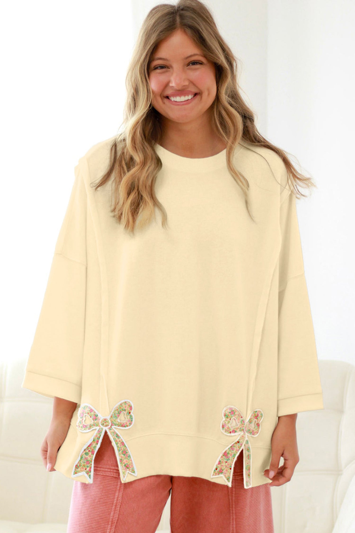 Beige Plus Size Raw Seam Detail Floral Bow Patched Baggy Pullover 6d8132f3d8525e23