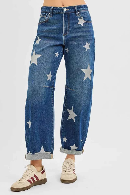 Mid Rise Ankle Length Relaxed Barrel Star Printed Jeans 6d817890db4749b4917f2ae0b7b12095-Max-Origin