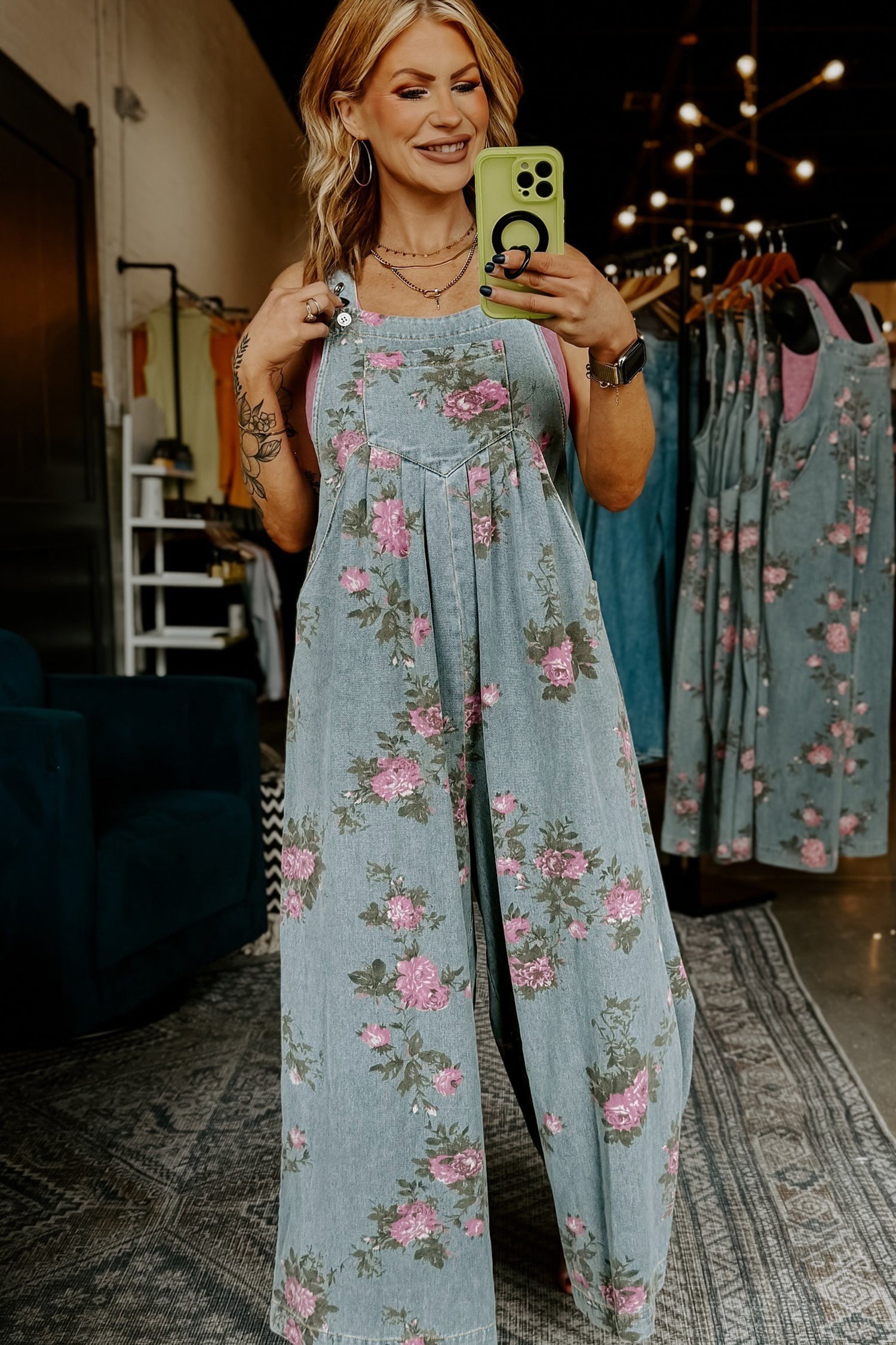 Beau Blue Floral Print Pleated High Waist Wide Leg Denim Jumpsuit 6d893d77aa754dcd