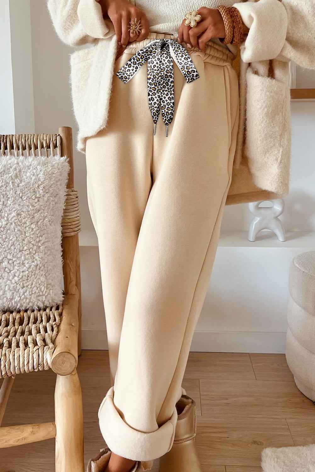 Oatmeal Fleece Lined Leopard Drawstring Elastic Waist Solid Pants Oatmeal 50%Polyester+50%Cotton 6d8f1d920a67d927