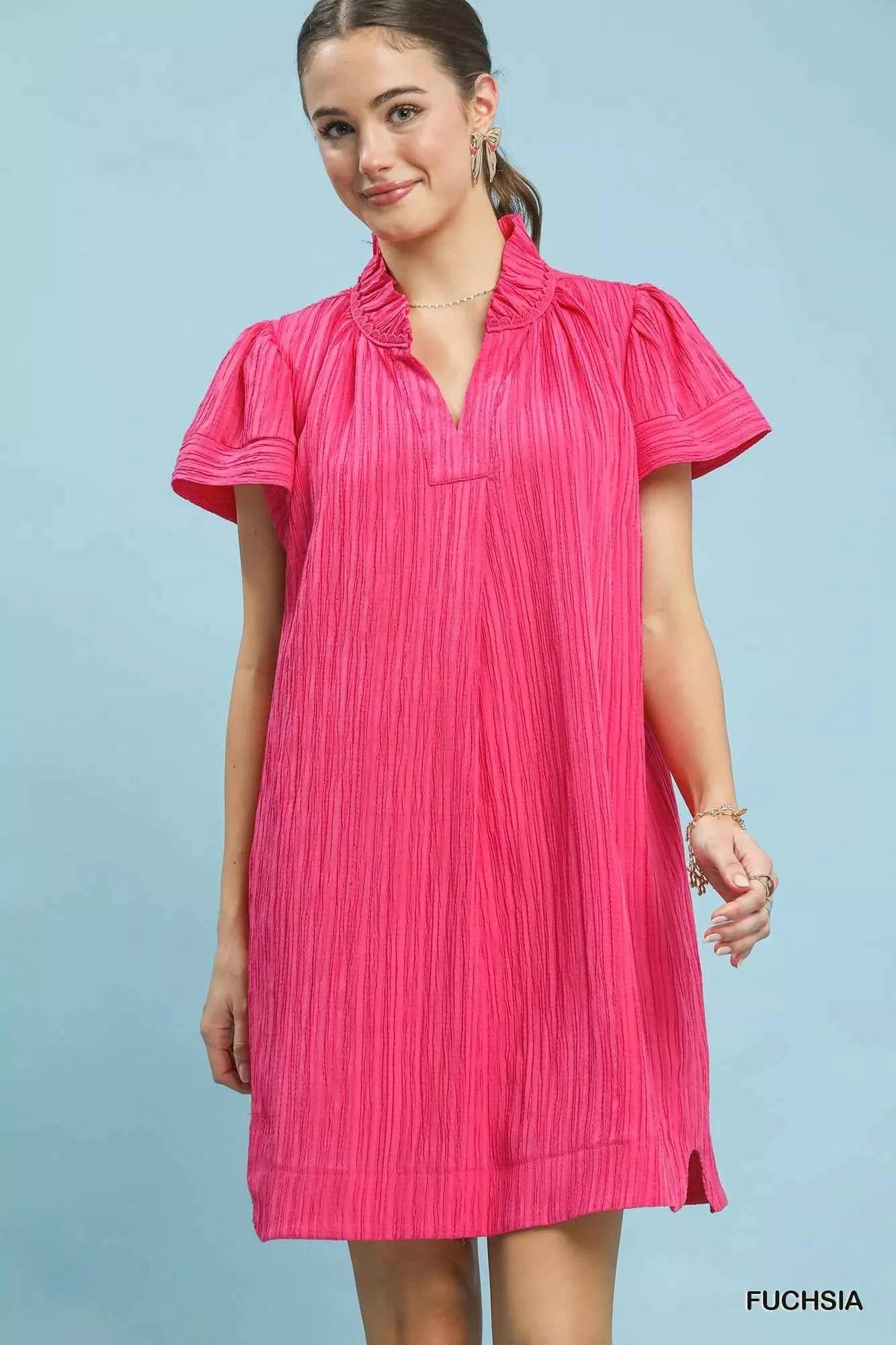 Umgee Flutter Sleeve V-Neck Shift Dress FUCHSIA 6d93346e-e35d-4fb8-855b-4b1256930896-Max-Origin