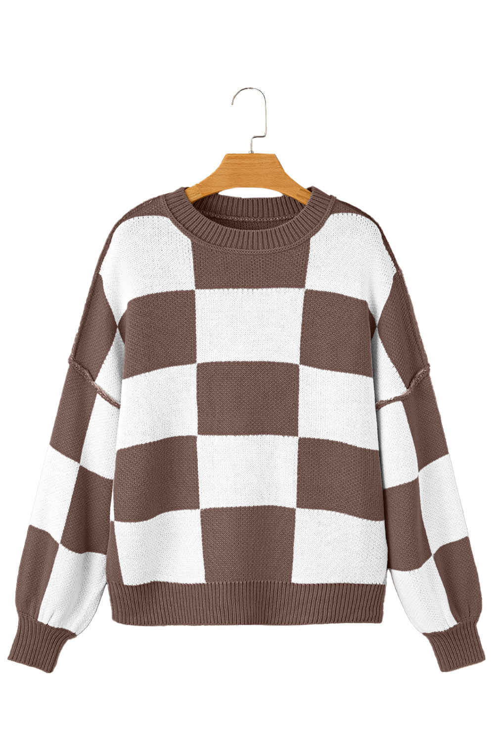 Pink Checked Bishop Sleeve Pullover Sweater 6d9650841f0136eb