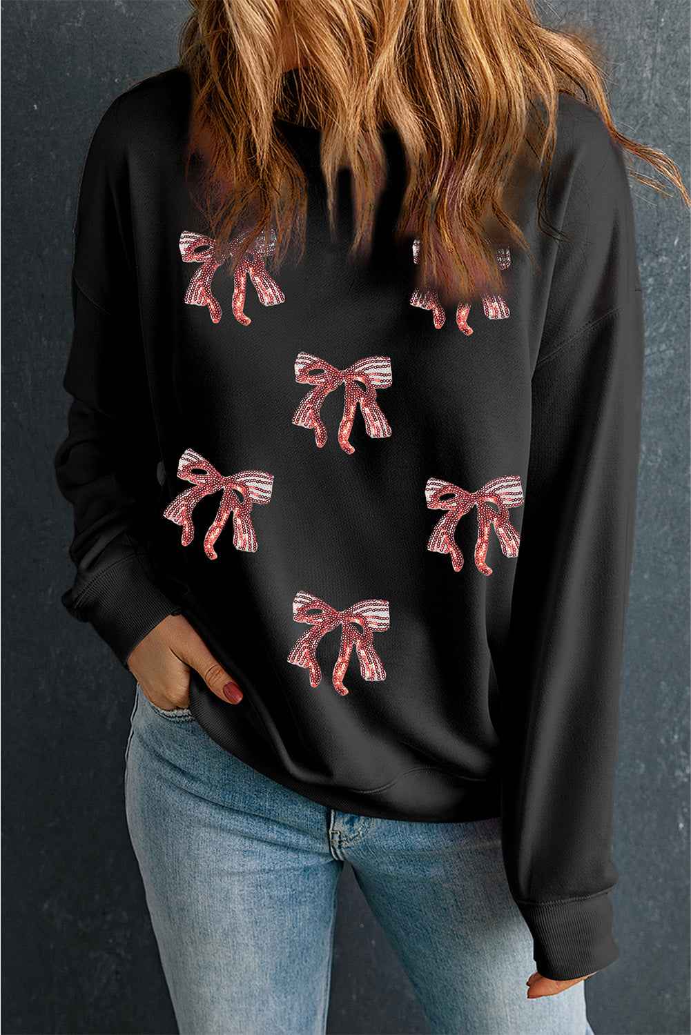 Black Christmas Fashion Sequin Ribbon Bow Patched Drop Shoulder Sweatshirt 6d9ef59bbd2288c9