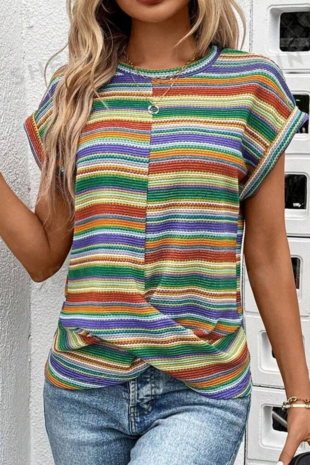Multicolour Striped Twist Hem Cap Sleeve Top Multicolor 6da4263d-17d8-4efd-9f6c-7187c789b8c7-Max-Origin