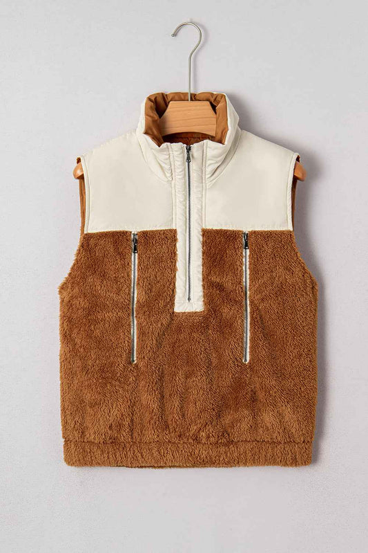 Chestnut Plush Patchwork Zipper Stand Neck Vest 6da9bc2d98f063b7