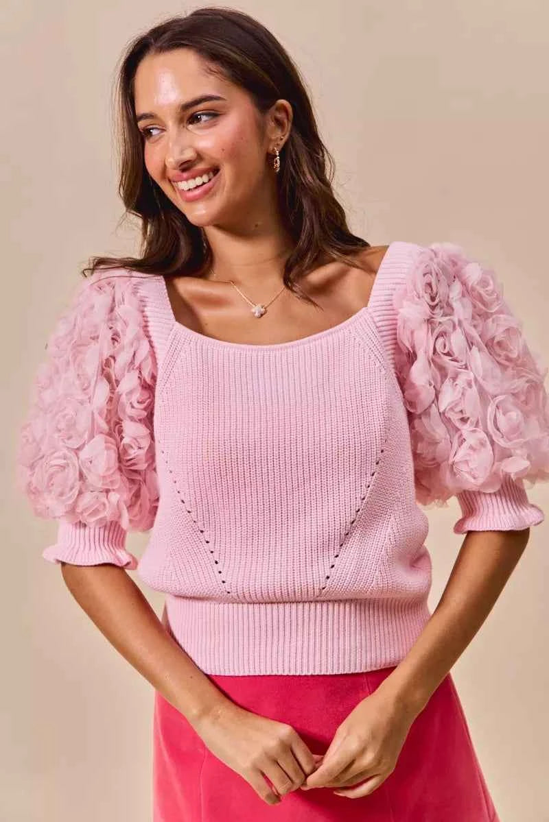 SO ME Rosette Sleeves Square Neck Sweater Knit Top 6dafb8f9-4854-481b-b67f-68533eecd84b-Max-Origin