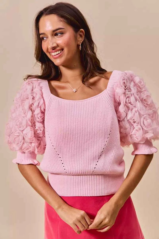 SO ME Rosette Sleeves Square Neck Sweater Knit Top 6dafb8f9-4854-481b-b67f-68533eecd84b-Max-Origin