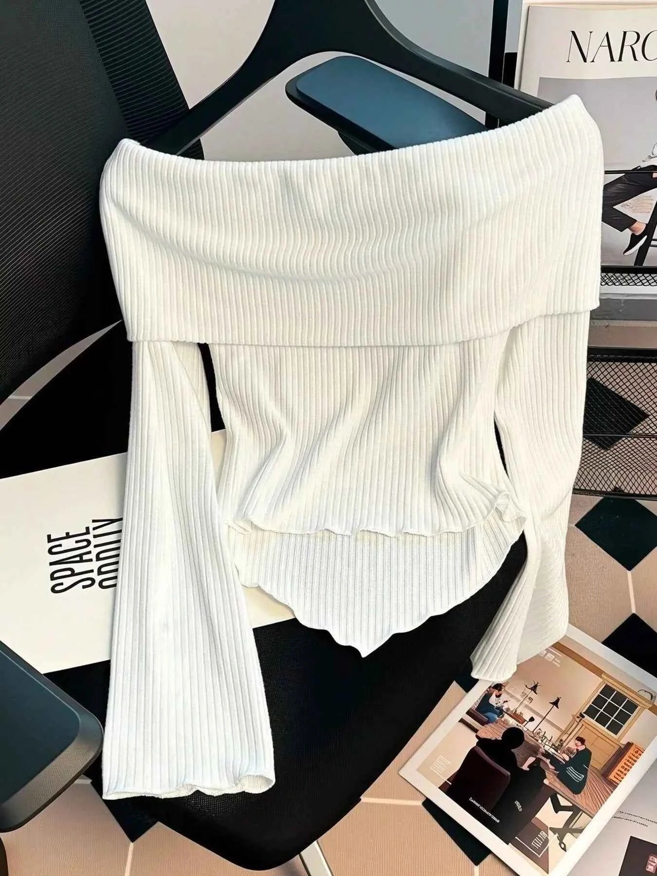 Off-Shoulder Bowknot Ribbed Knit T-Shirt 6db645bc12e845229234177d54c6c265-Max-Origin