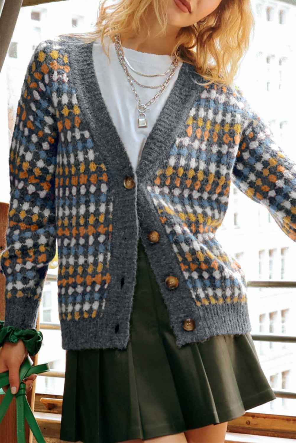 Gray Dotty Pattern Knit Button Front V Neck Sweater Cardigan 6dc2b33e32e136b3