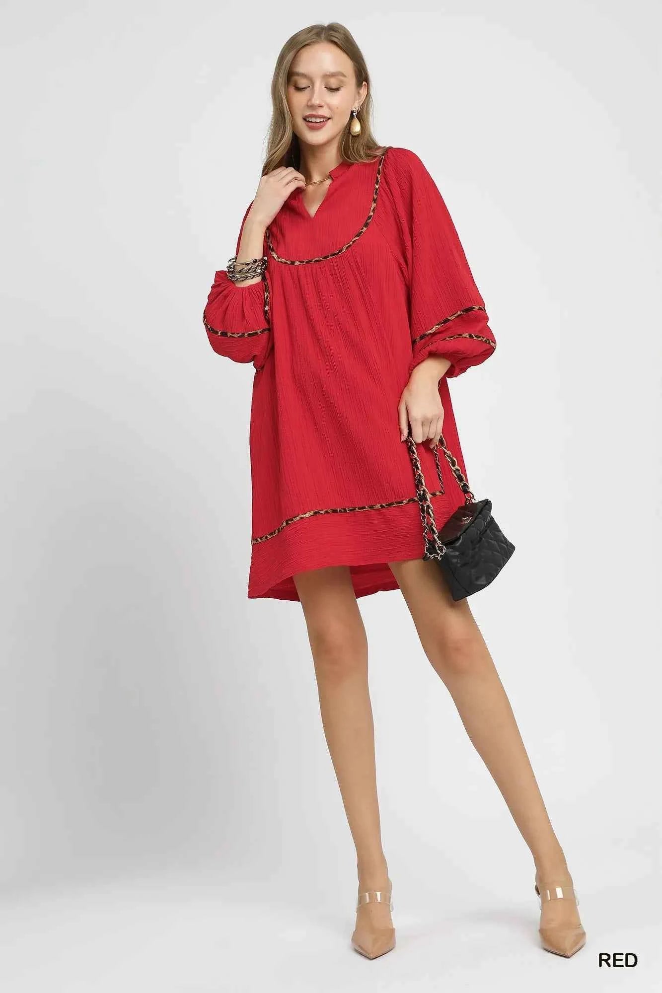 Umgee Textured Babydoll Dress with Leopard Trim 6dc3d5ed-5a23-43d8-a87d-49113aea17c5-Max-Origin