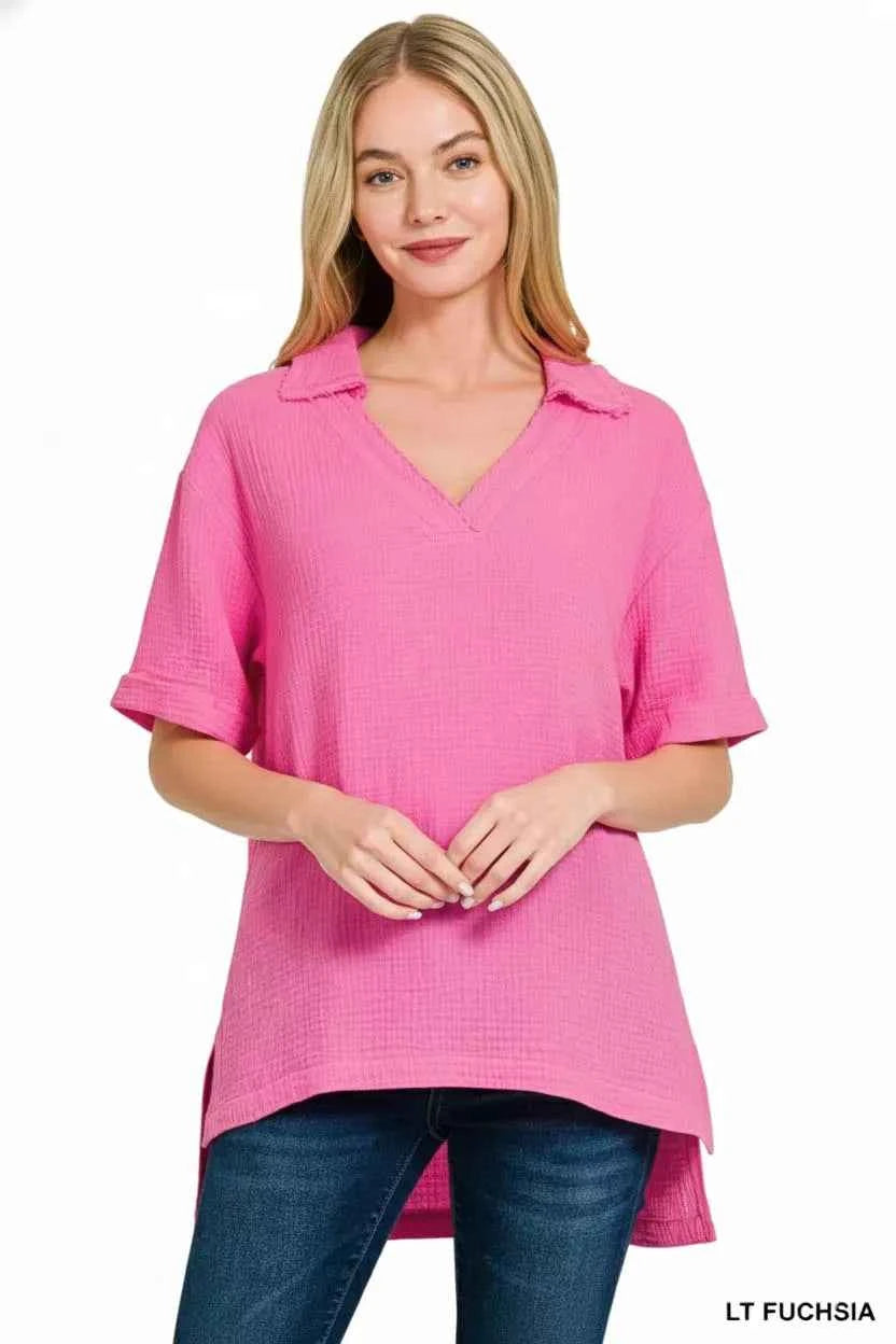Zenana Double Gauze Short Sleeve High-Low Top 6dc8a8ca-635b-4108-bd17-7185503422f5-Max-Origin