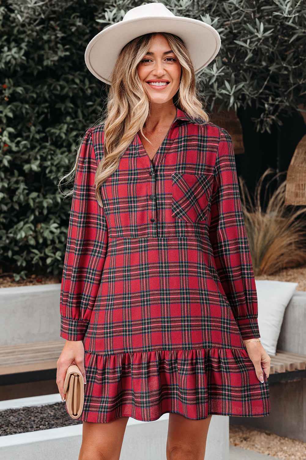 Red Plaid Shirt Collar Half Button Ruffle Hem Long Sleeve Mini Dress 6dca4030370fdca9