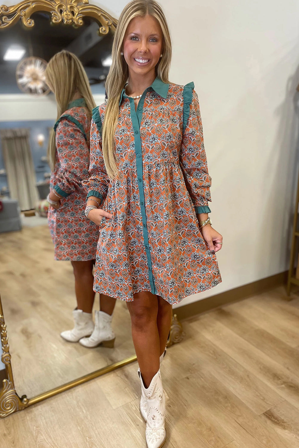 Orange Boho Floral Contrast Collared Shirt Mini Dress 6dcabc51575c7a1e