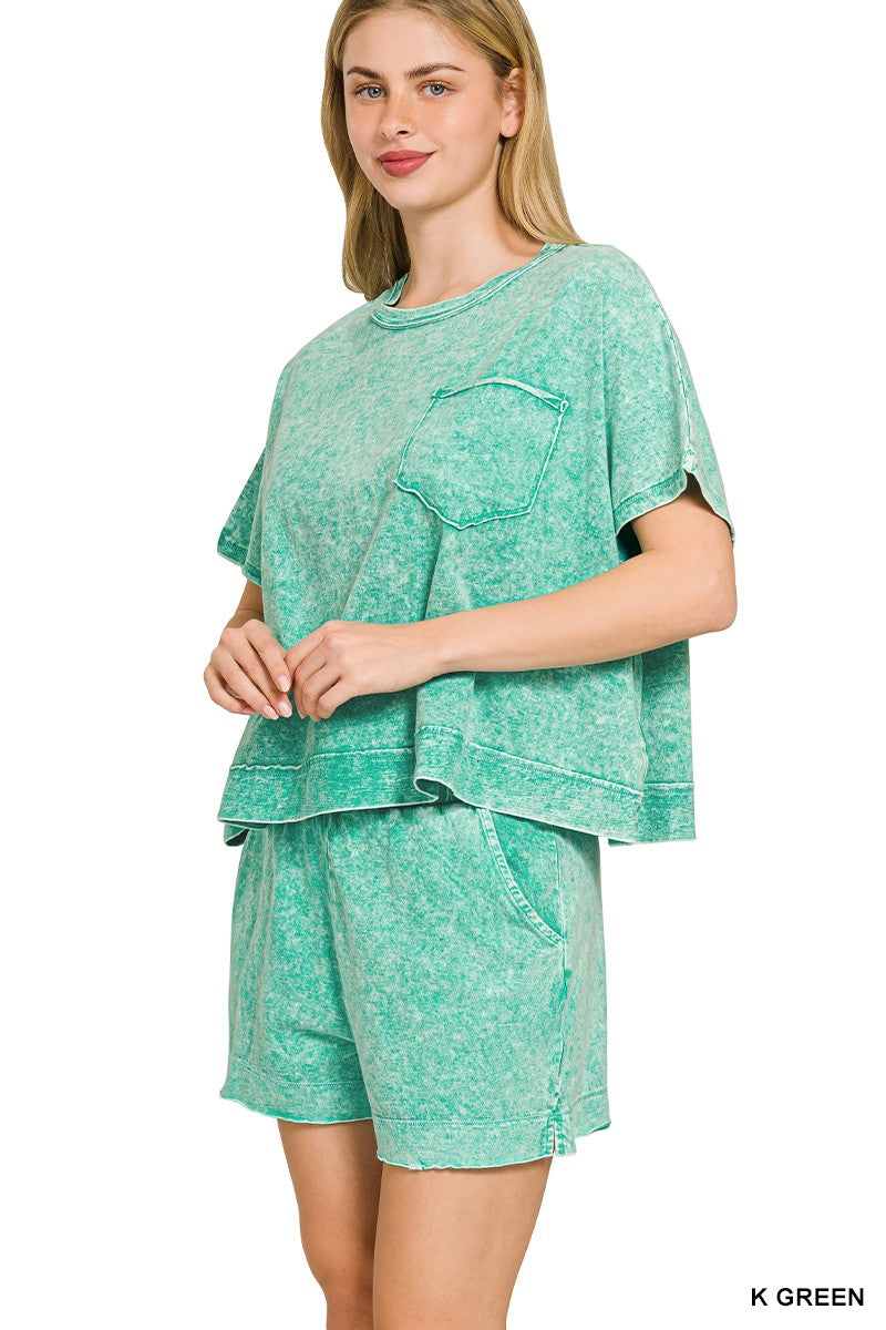 Zenana Halo Snow Washed Boxy Top & Shorts Set K GREEN 6dcf2657a84e40e1b545dbda6b69a4a7-Max