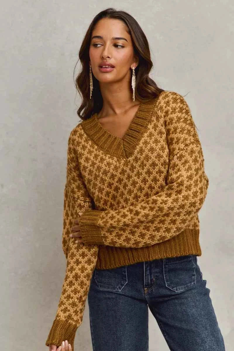 Color Block Textured Christmas Sweater V Neck Top 6dd165958e0945779094b9515c04a0b6-Max-Origin