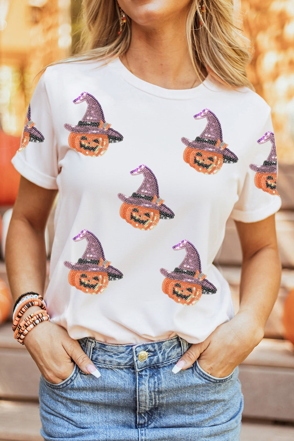 White Pumpkin Witch Sequins Patch Halloween Graphic Tee 6dd24298db79db8a
