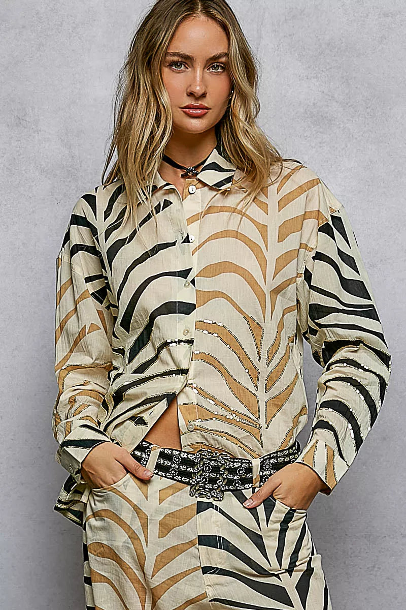 Two-Tone Printed Woven Spangle Long Sleeve Shirt 6dd46fff-95da-4158-a2fa-640d41f5045e-Max-Origin