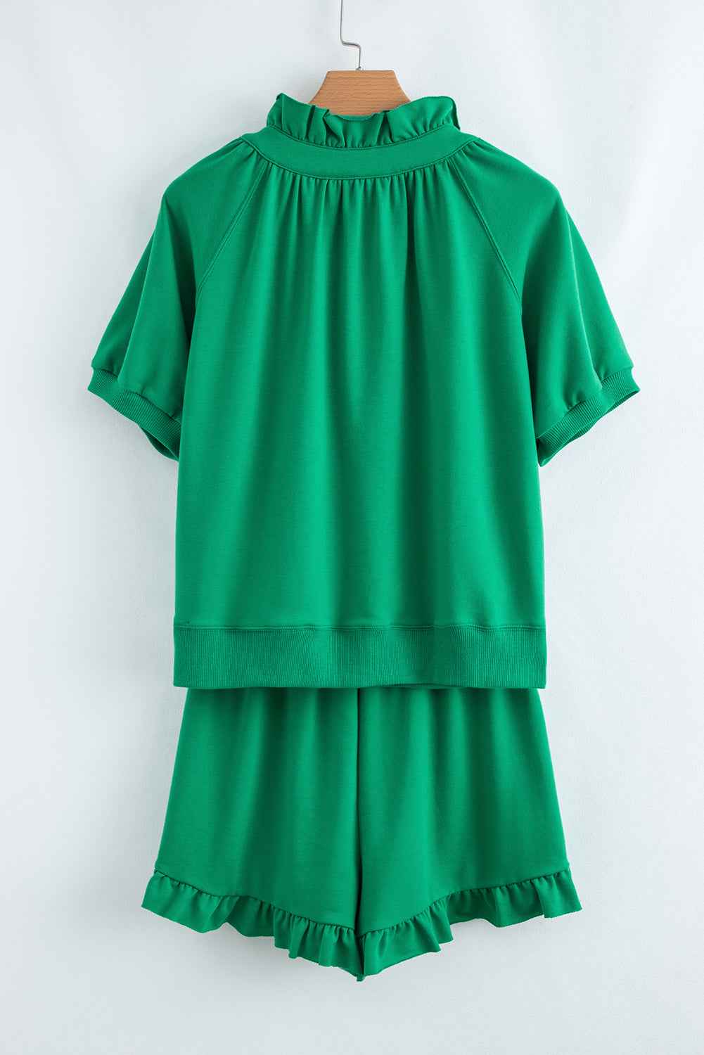 Sea Green Half Zip Puff Sleeve Top and Ruffle Shorts Set 6dd5bd103af549fb