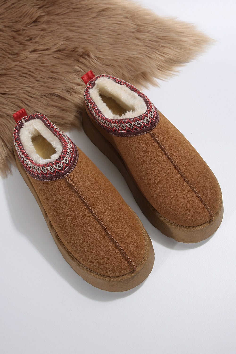 Chestnut Suede Contrast Print Round Toe Plush Lined Flats 6dd73c393eb31b2d