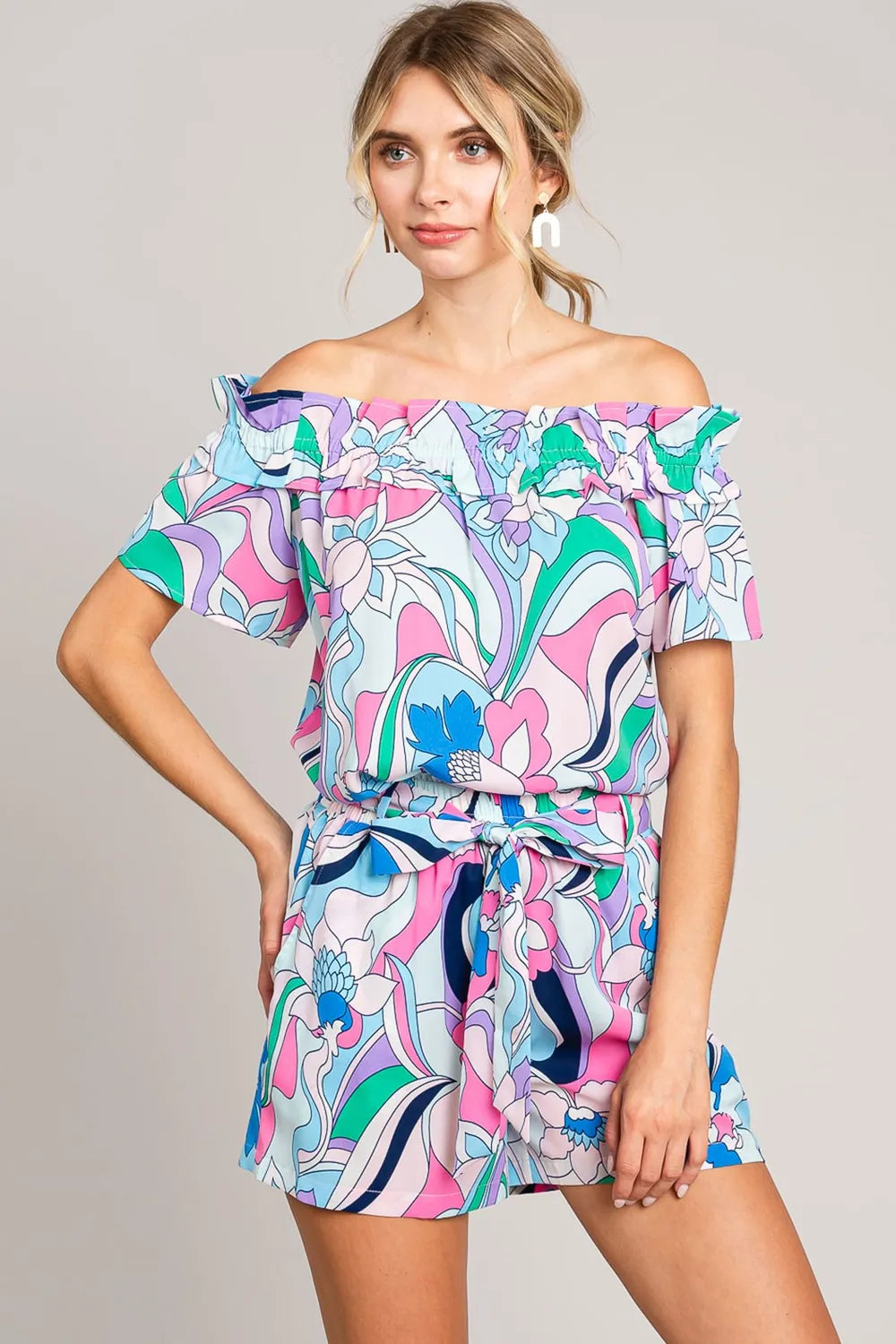Cotton Bleu by Nu Label Abstracted Print Tie Front Shorts Blue 6dd7b000-ddff-4d06-8c2c-078fb7456e6d-Max