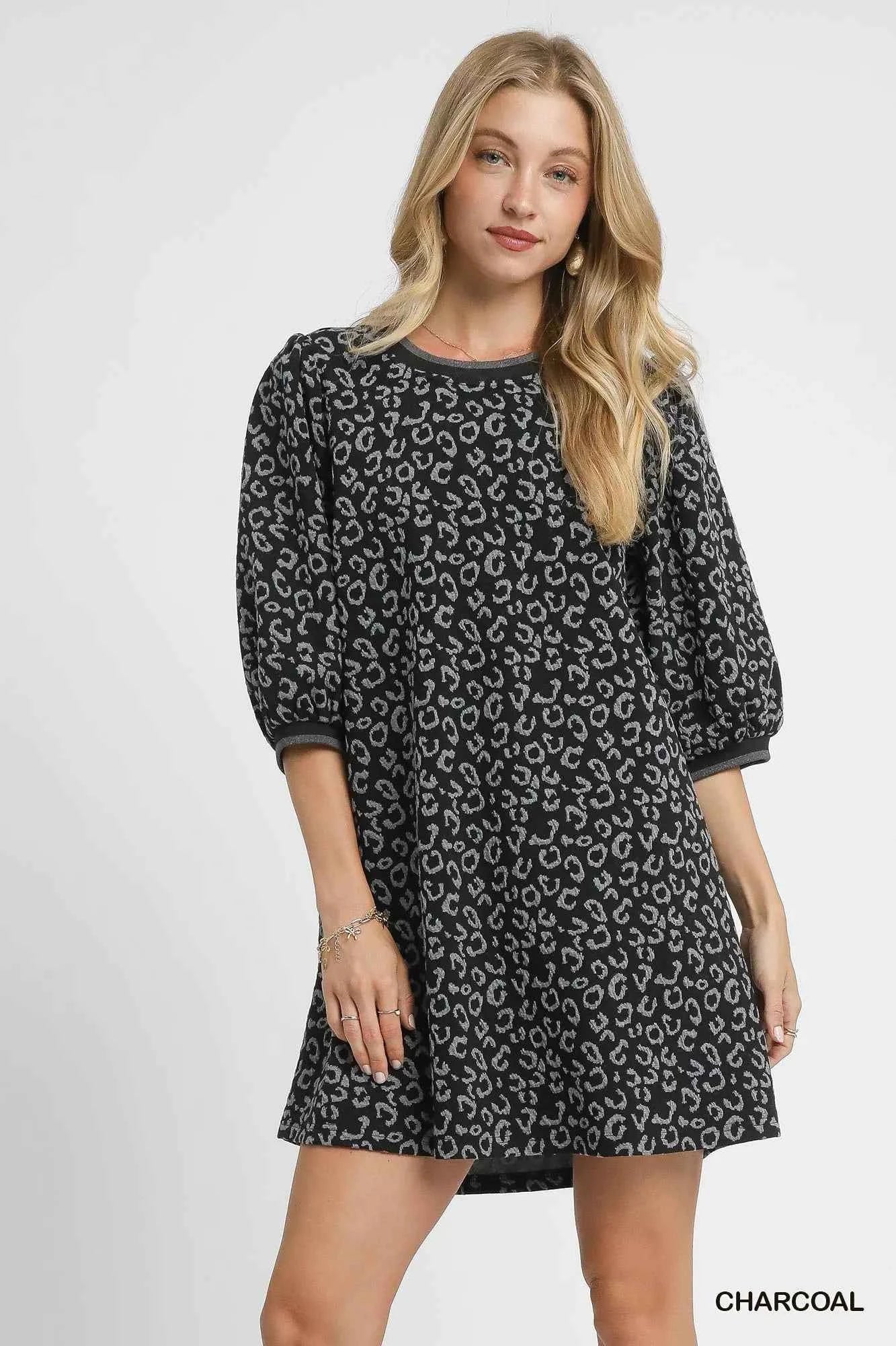 Umgee Leopard Print Jacquard Mini Dress CHARCOAL 6dda1b57-41a5-4af3-8e50-f4e3a6c78e8a-Max-Origin