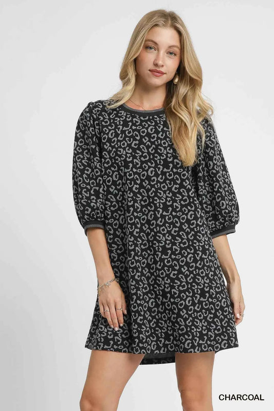 Umgee Leopard Print Jacquard Mini Dress CHARCOAL 6dda1b57-41a5-4af3-8e50-f4e3a6c78e8a-Max-Origin