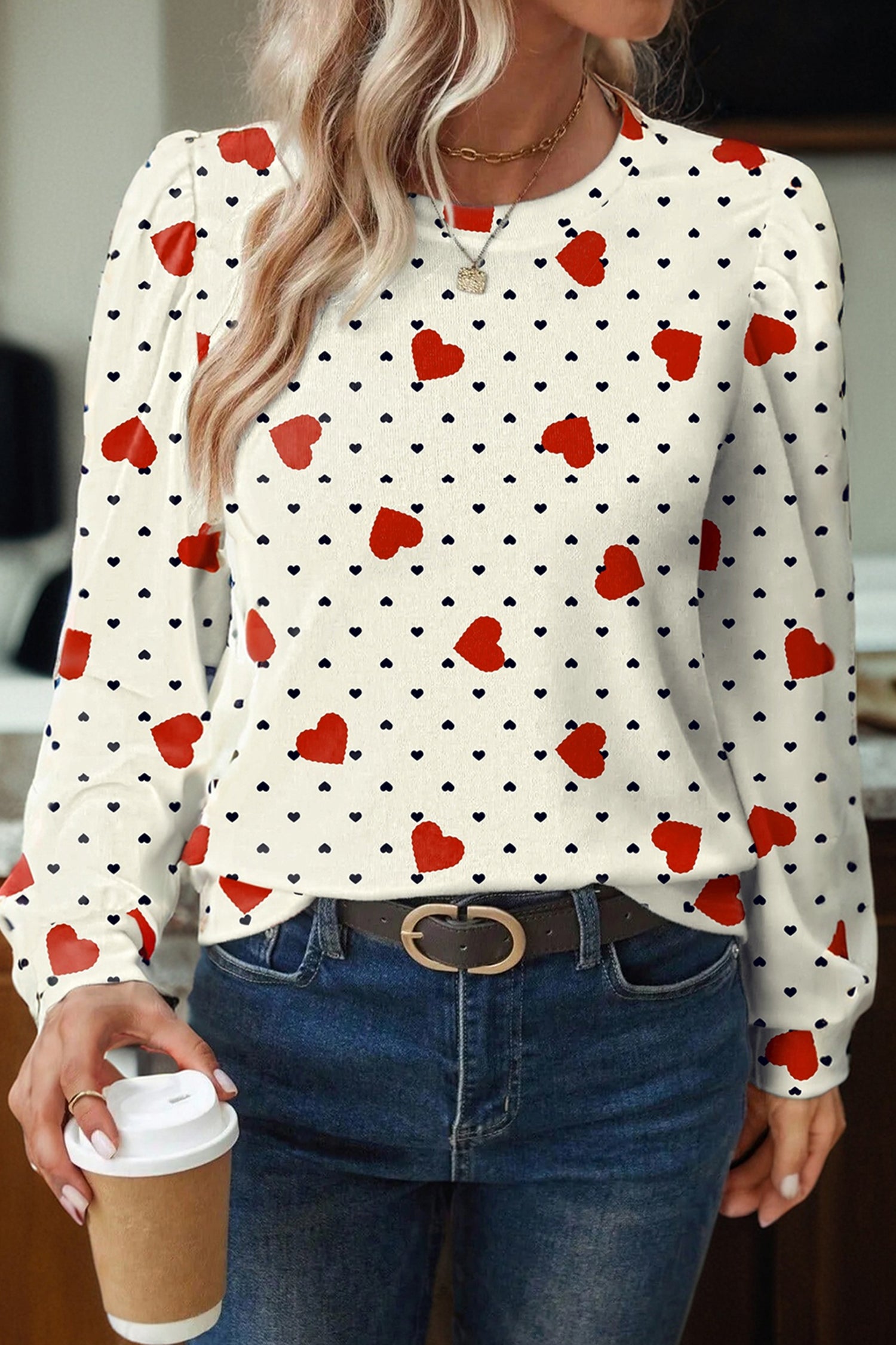 Beige Flower Heart Festive Valentine Blouse Beige 95%Polyester+5%Elastane 6ddb70c1c87839f8