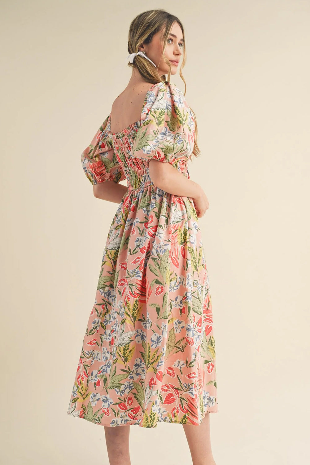 Apricot Pink Floral Knot Front Smocked Bubble Sleeve Dress 6ddd628cc613bd6c