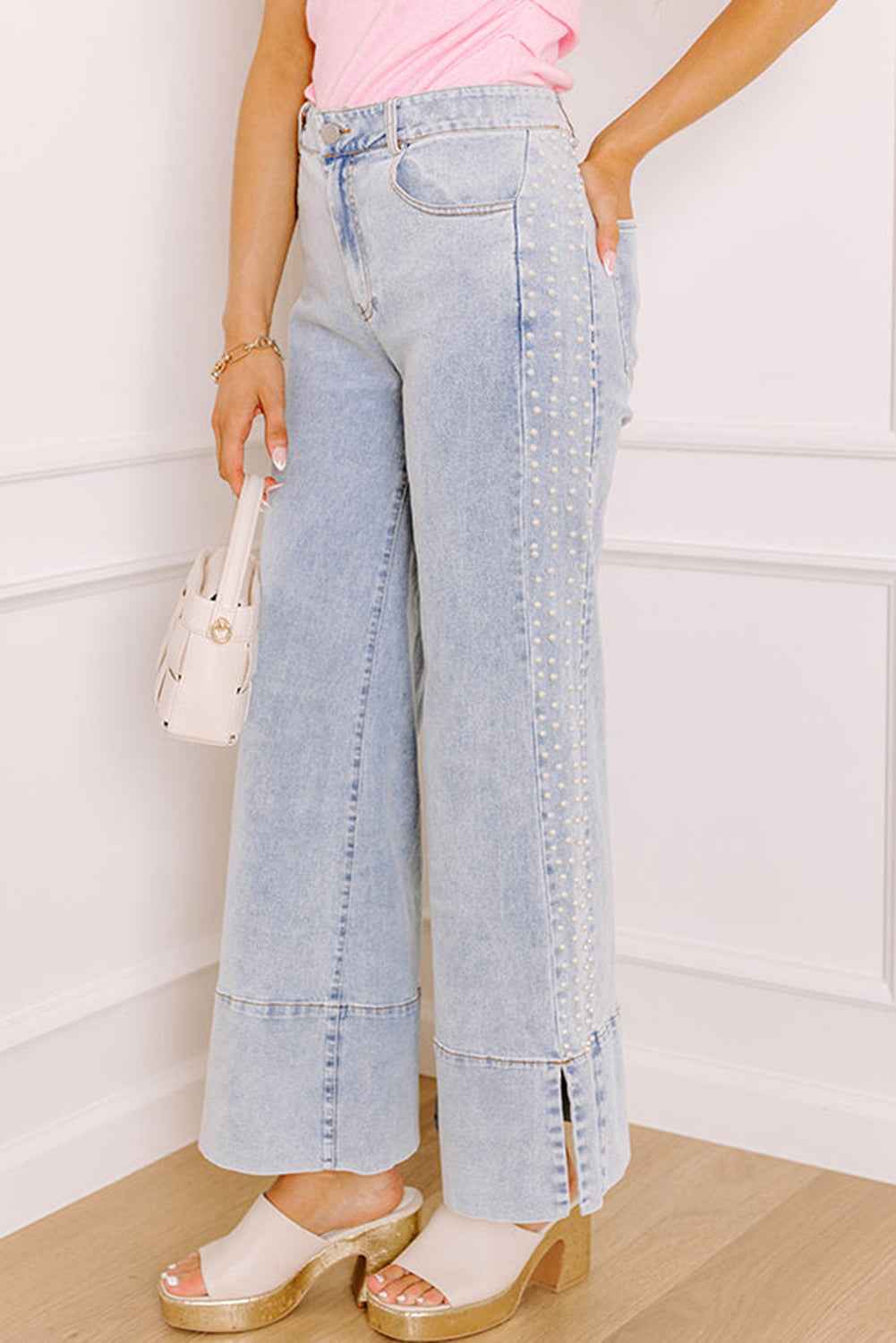 Beau Blue Mid Rise Pearl Embellished Split Wide Leg Jeans 6de56ae2a02af20e