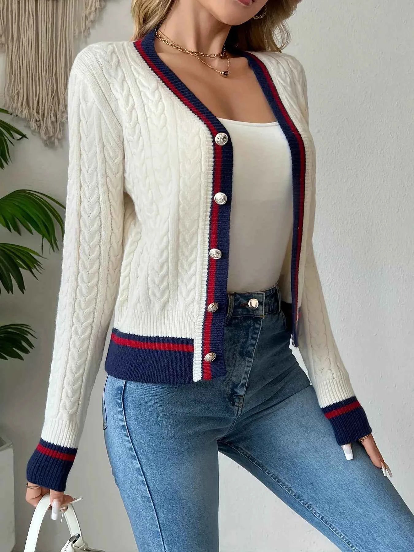 Contrast Trim Cable Knit Cardigan 6ded741c72c44e3f886f3f7c87bf29a7-Max-Origin