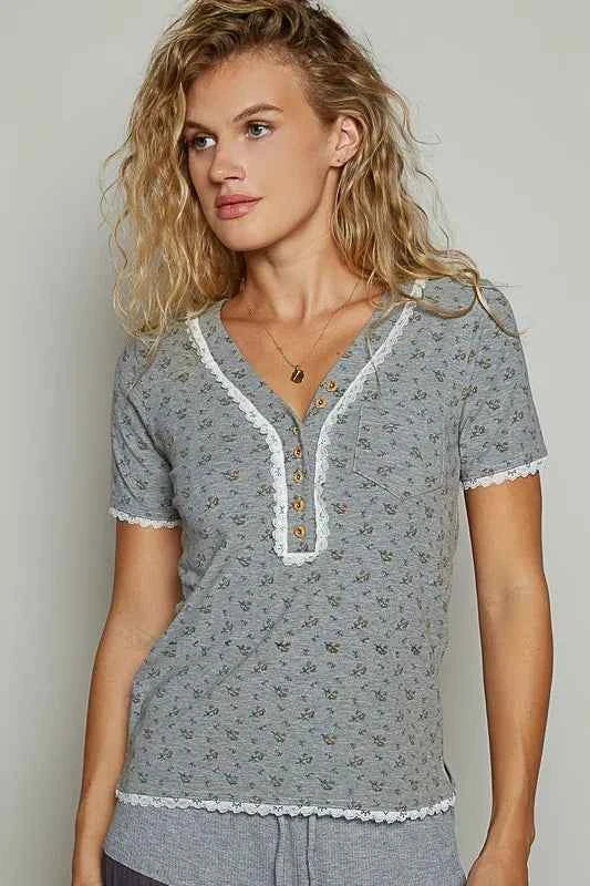 POL Lace Detail Floral V-Neck Button Detail Short Sleeve T-Shirt 6def1033-a287-429a-9075-9e8395830fac-Max