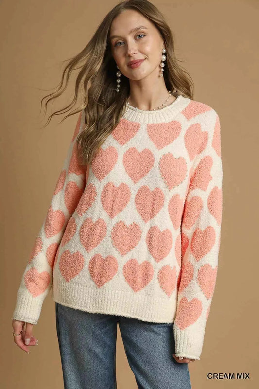 Umgee Mix Heart Pattern Pearl Accent Sweater CREAM MIX 6df54610-ac05-4723-b88b-9fecfd12030c-Max-Origin