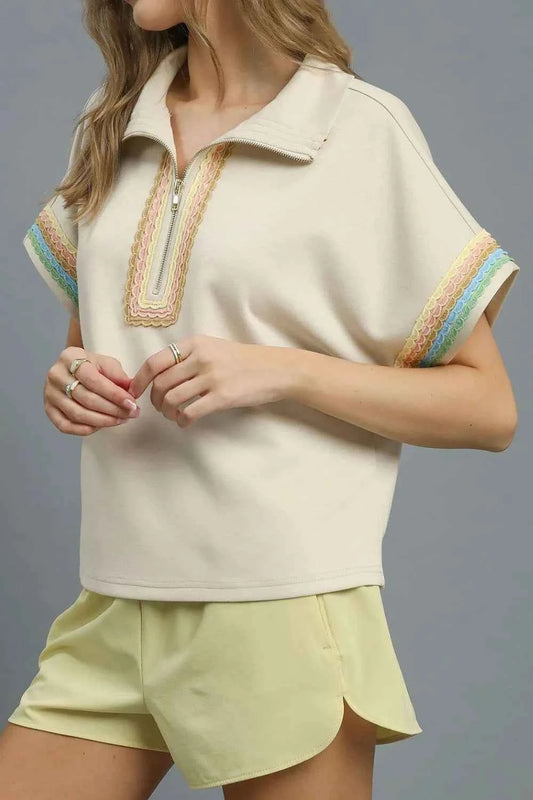 Umgee Contrast Trim Half Zip Collared Blouse 6dfa22ee-30b1-4674-94e6-cde6e6ec5d5d-Max-Origin