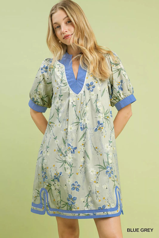 Floral Puff Sleeve Dress with Contrast Trim BLUE GREY 6dfa3aa3-1deb-4e90-b835-c5210ba5ec46-Max-Origin