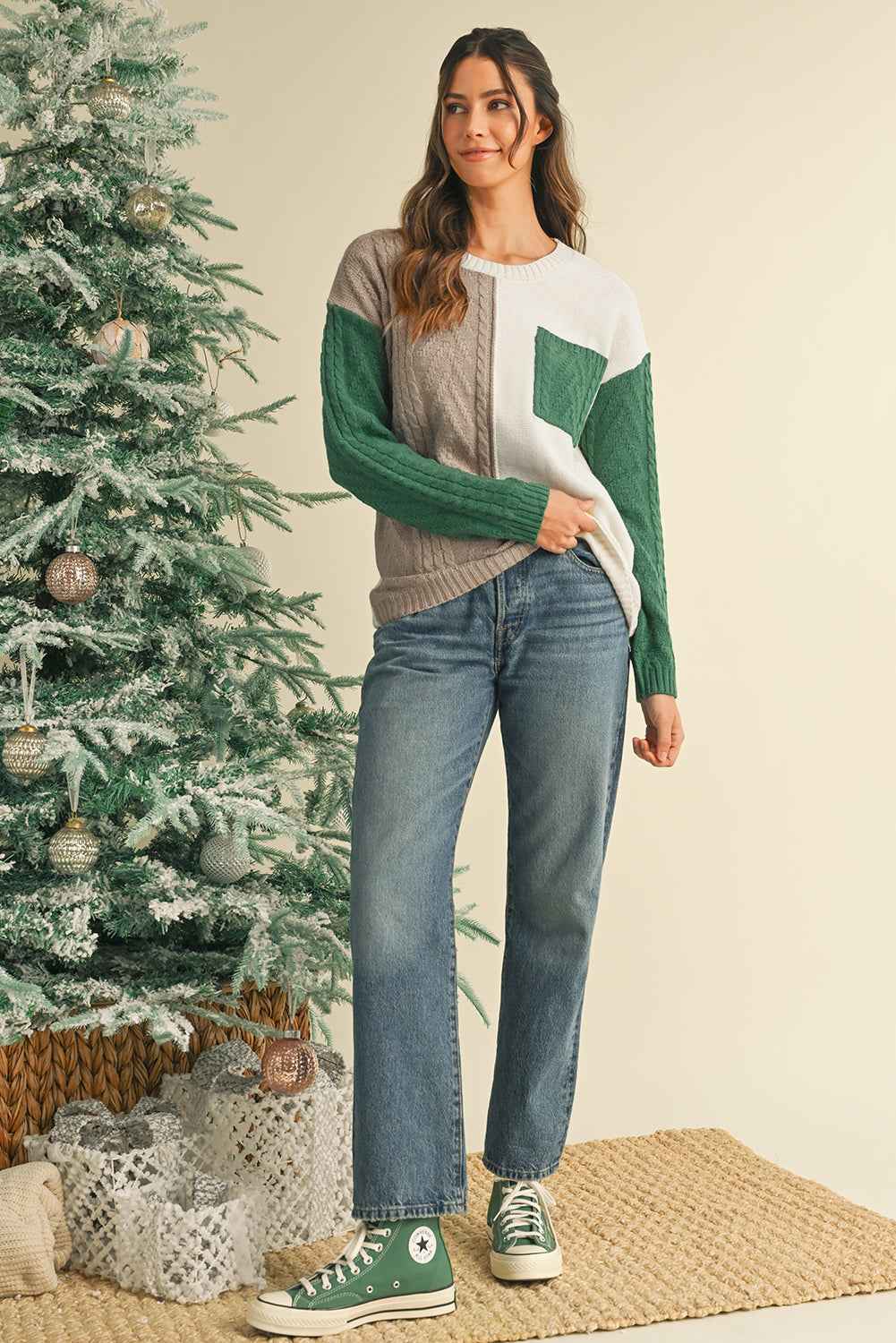 Vineyard Green Colorblock Pocket Drop Shoulder Sweater 6dfb68dd02ee4189