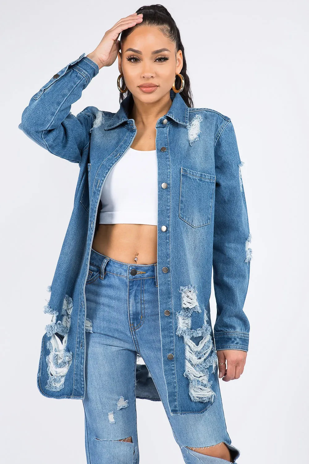 American Bazi Distressed Button Down Denim Shirt Jacket Medium Blue 6dff7598-d222-4289-8dba-5084f6d1873f-Max