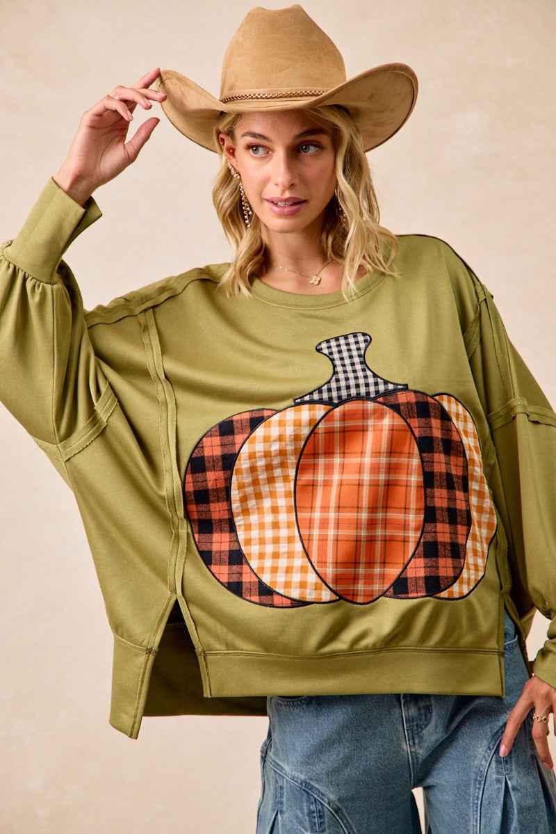 BiBi Plaid Mix Pumpkin Patchwork Cut Edge Detail Oversized French Terry Sweatshirt 6e00f17e-e8fe-4b58-8fc9-b42899e69af3-Max