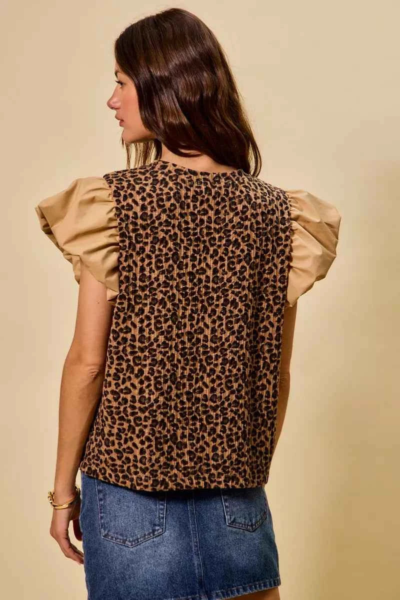 SO ME Leopard Pointelle Knit Top with Puff Sleeves 6e080746905e414aa1b735cfc2885782-Max-Origin