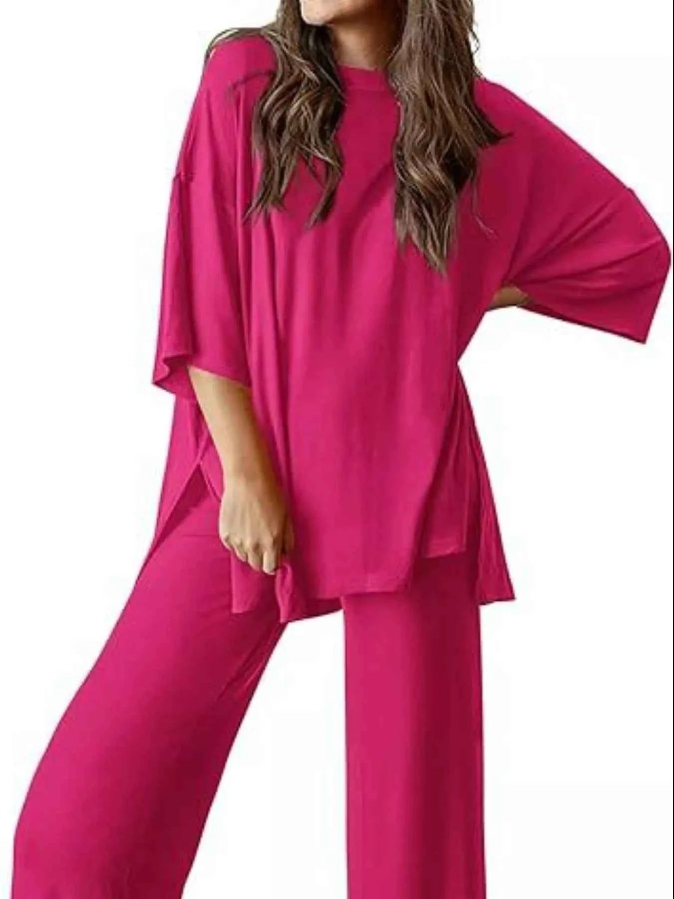 Slit Round Neck Top and Pants Set Hot Pink 6e098f88-756a-4894-9d2d-9e251d82fad9-Max-Origin