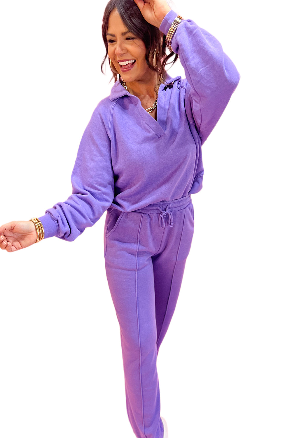 Wisteria Solid Color Collared Pullover and Central Seam Pants Set 6e0eed103ab21895