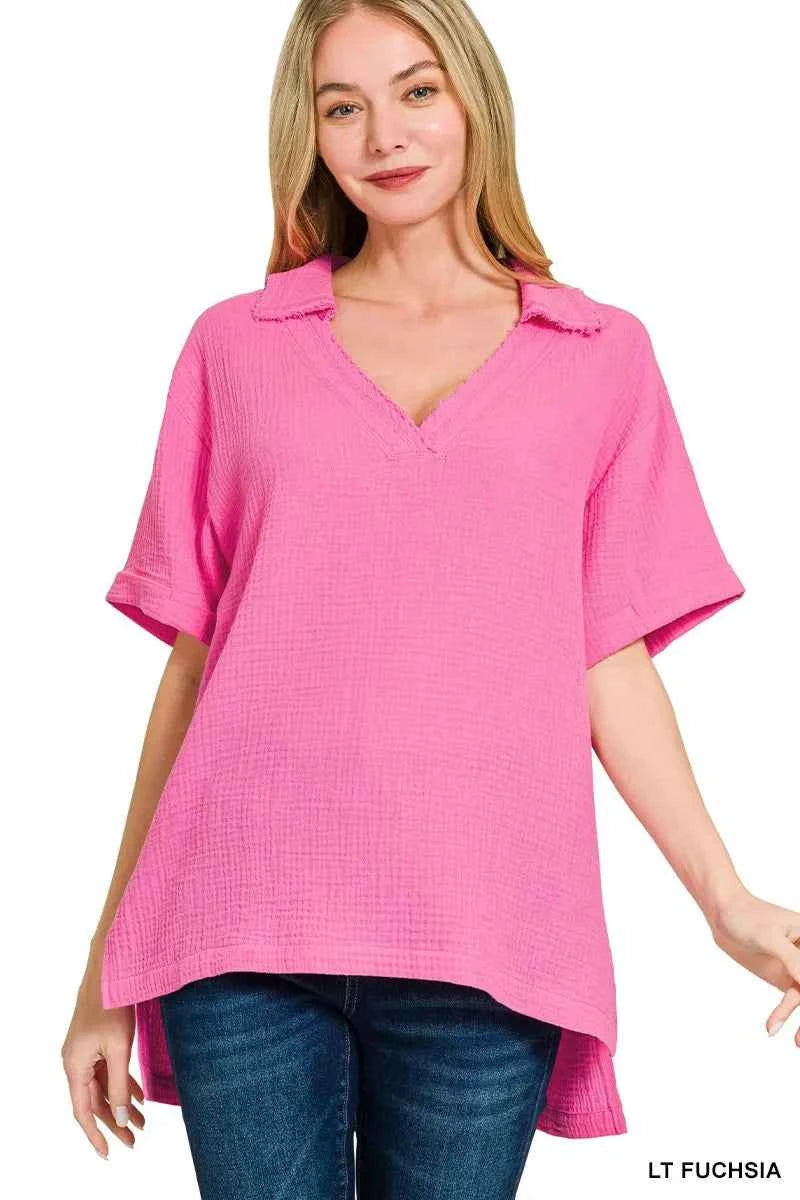 Zenana Double Gauze Short Sleeve High-Low Top LT FUCHSIA 6e11b8b5ab5e4721a587ba46435346f4-Max-Origin