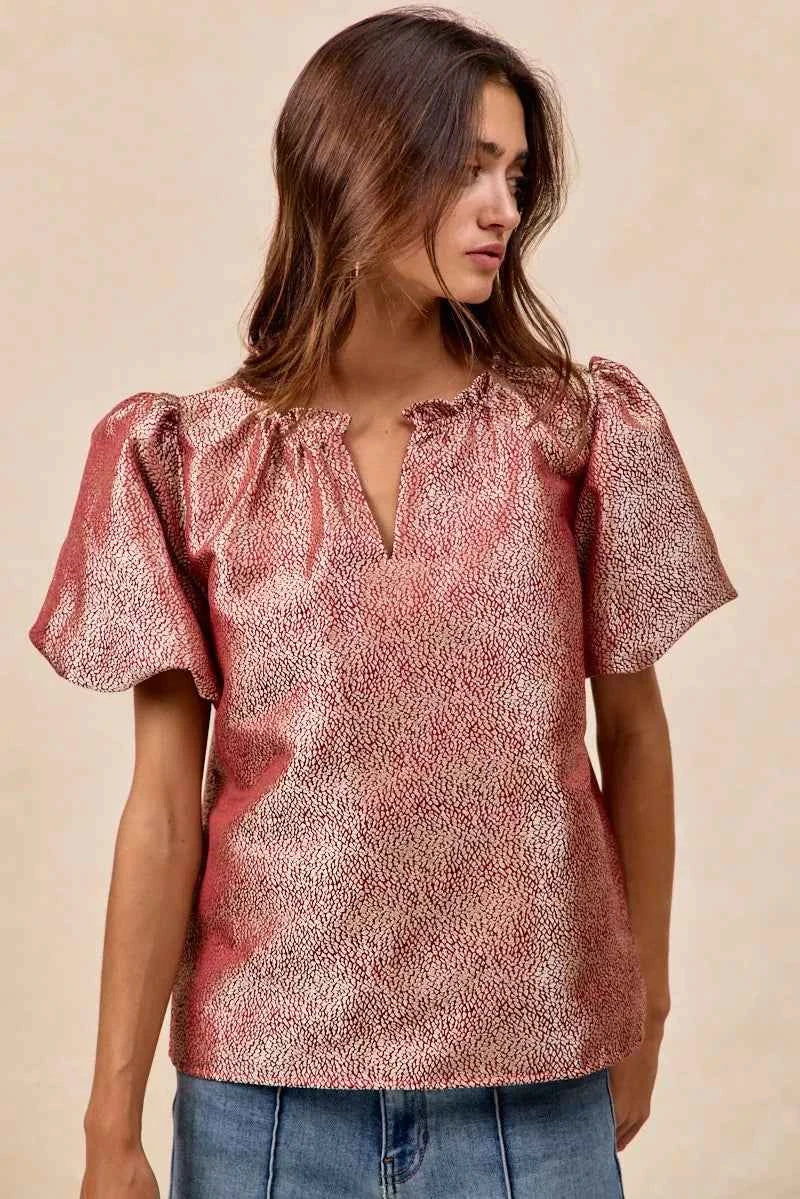BiBi Jacquard Woven Short Balloon Sleeves V Neck Top 6e146cad91404171ba8c74649bec22dd-Max-Origin