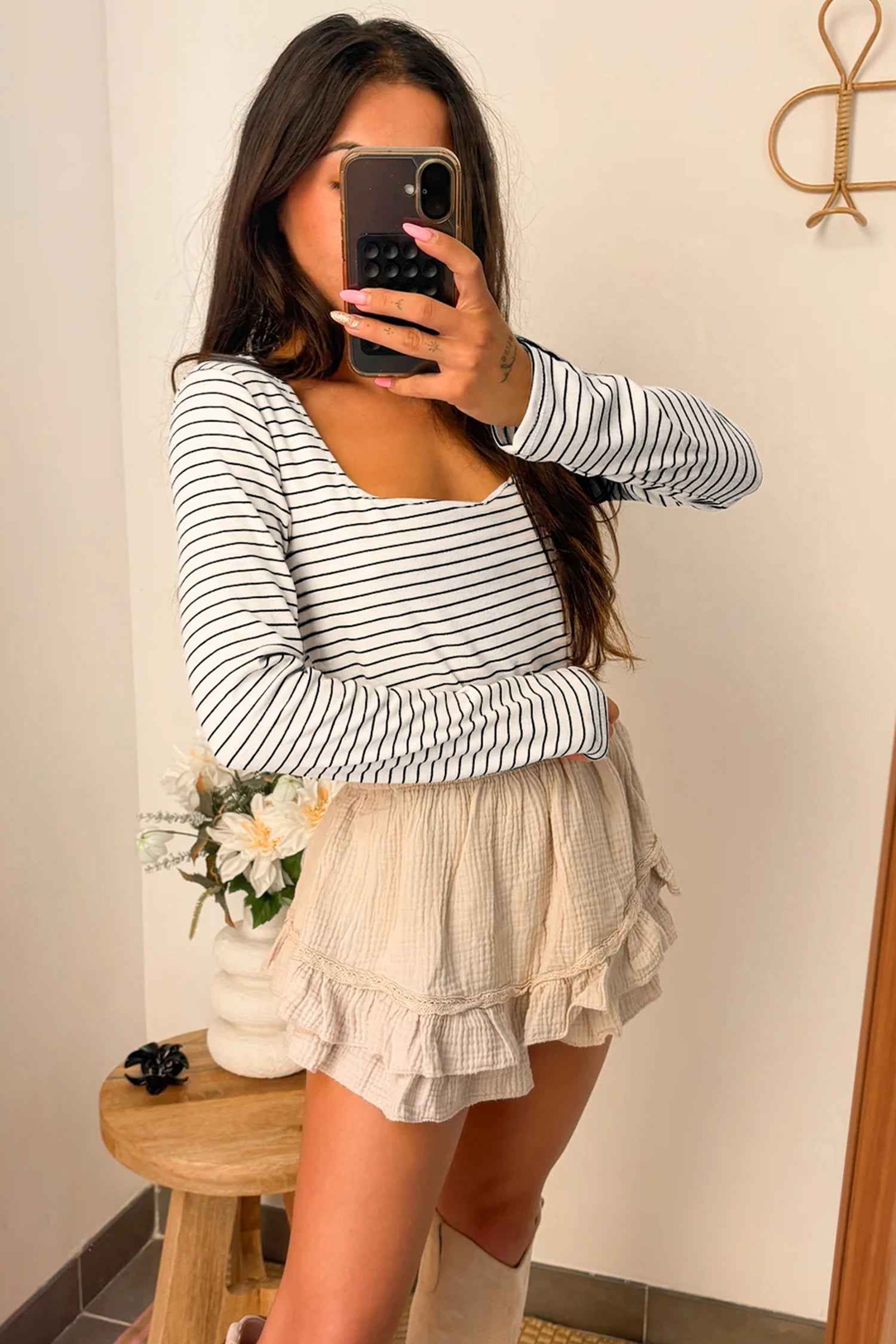 Brown Stripe Square Neck Long Sleeve Top 6e194ef2c609cfae