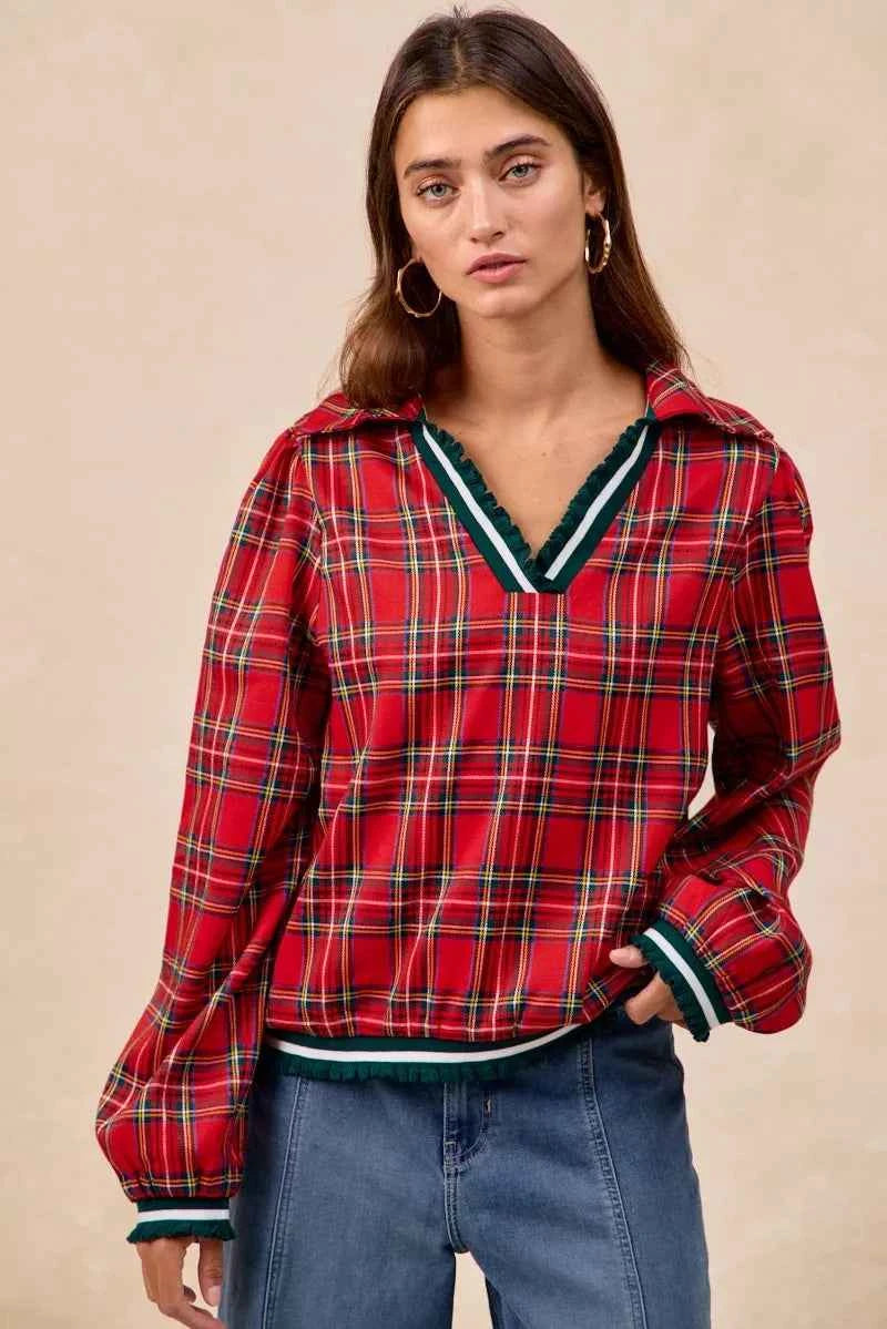 BiBi Christmas Plaid Collared Top with Ruffled Detail 6e19cb01a2f74d1aab232e9157d13287-Max-Origin